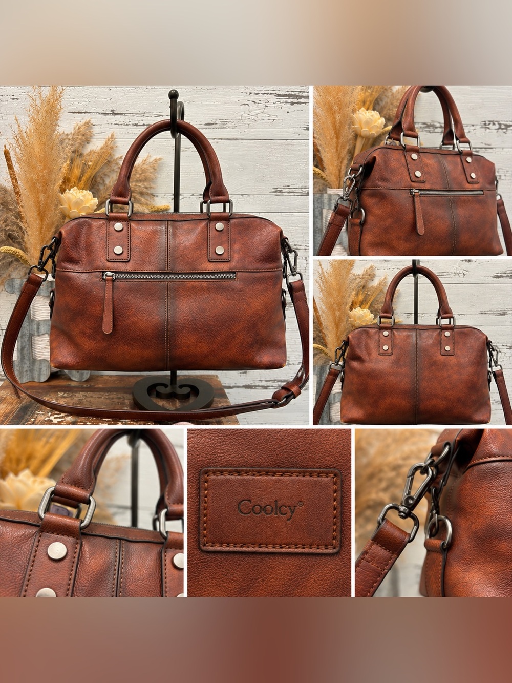Coolcy Shoulder Bag in Distressed Brown Leather-Look